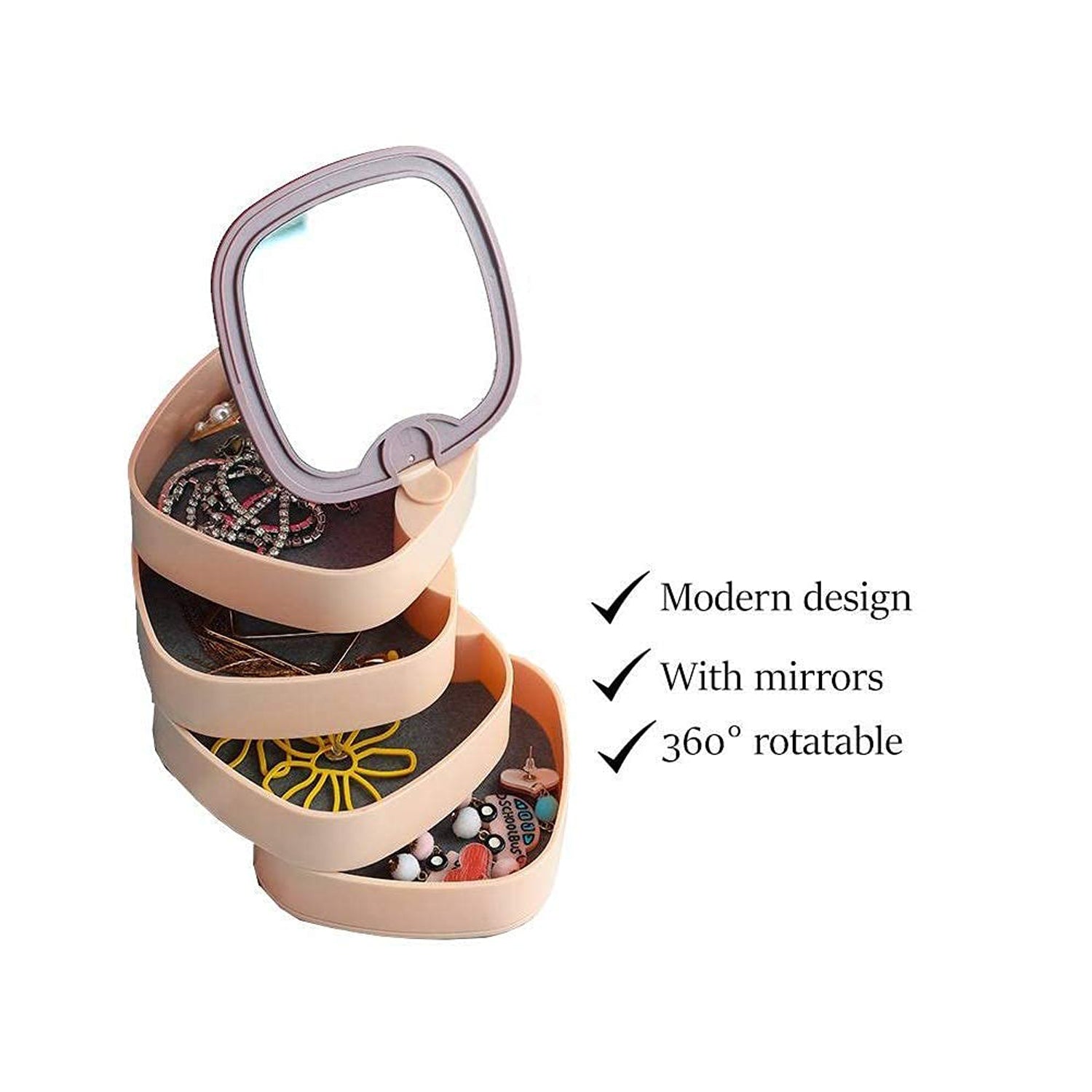 Rotating jewelry box with open layers, showing earring storage Rotating jewelry box with open layers, showing earring storage